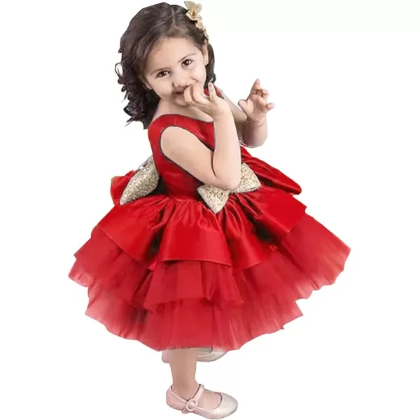 Toddler Baby Flower Girls Sequins Bowknot Tutu Dress Princess Pageant Wedding Birthday Party Backless Tulle Gown  HeadwearRed