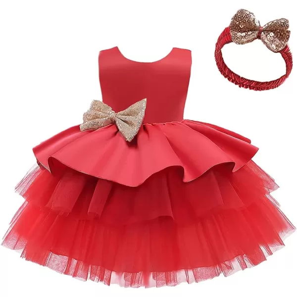 Toddler Baby Flower Girls Sequins Bowknot Tutu Dress Princess Pageant Wedding Birthday Party Backless Tulle Gown  HeadwearRed