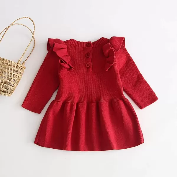 Toddler Baby Girl Knit Sweater Dress Kids Ruffle Long Sleeve Casual Birthday Christmas Party Dresses Top Winter OutfitRed Ruffle