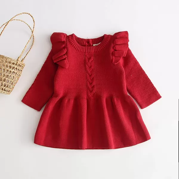 Toddler Baby Girl Knit Sweater Dress Kids Ruffle Long Sleeve Casual Birthday Christmas Party Dresses Top Winter OutfitRed Ruffle