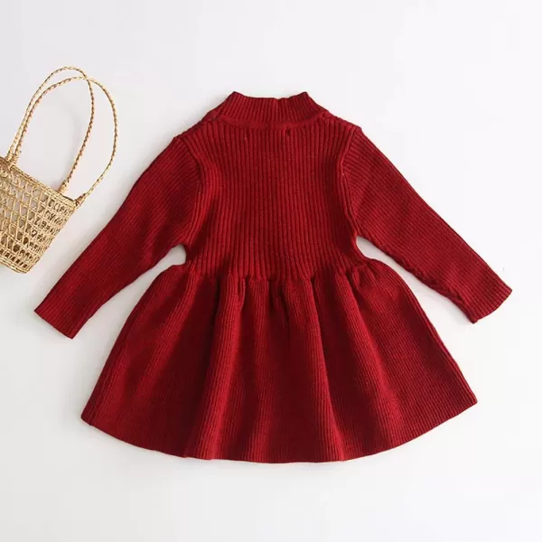 Toddler Baby Girl Knit Sweater Dress Kids Ruffle Long Sleeve Casual Birthday Christmas Party Dresses Top Winter OutfitWine Red