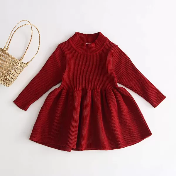 Toddler Baby Girl Knit Sweater Dress Kids Ruffle Long Sleeve Casual Birthday Christmas Party Dresses Top Winter OutfitWine Red