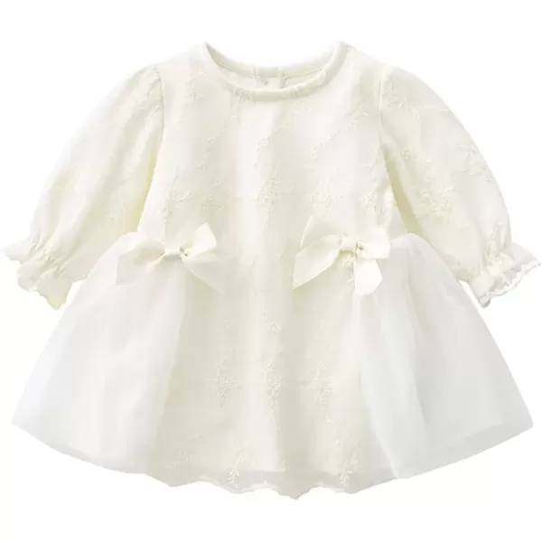Toddler Baby Girl Long Sleeve Fall Dress Flower Lace Wedding First Birthday Baptism Christening Dresses with Hat OutfitBeige Bow