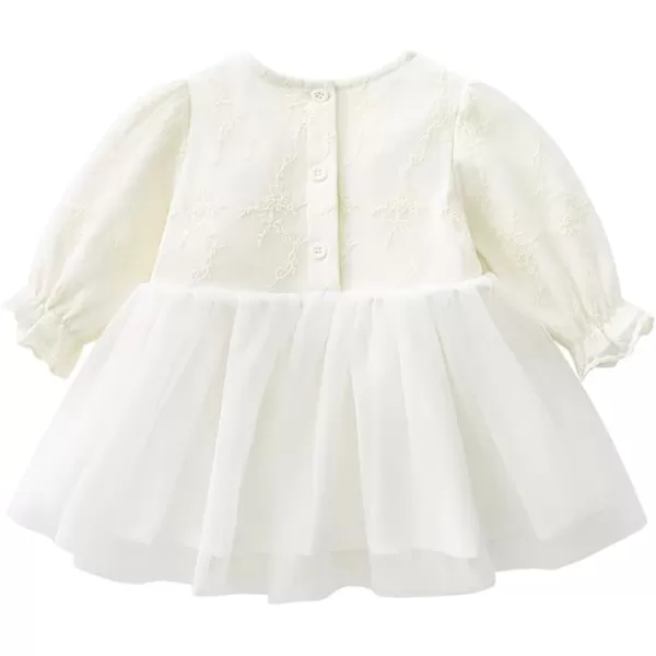Toddler Baby Girl Long Sleeve Fall Dress Flower Lace Wedding First Birthday Baptism Christening Dresses with Hat OutfitBeige Bow