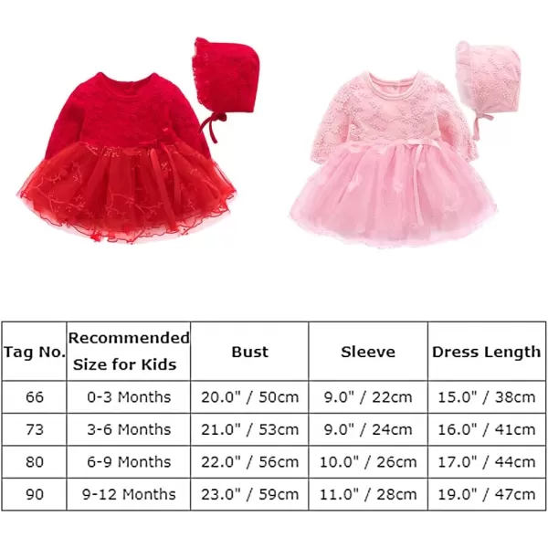 Toddler Baby Girl Long Sleeve Fall Dress Flower Lace Wedding First Birthday Baptism Christening Dresses with Hat OutfitPink