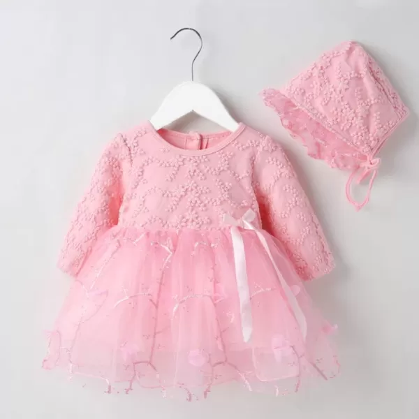 Toddler Baby Girl Long Sleeve Fall Dress Flower Lace Wedding First Birthday Baptism Christening Dresses with Hat OutfitPink