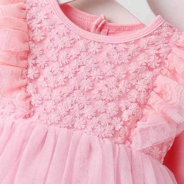 Toddler Baby Girl Long Sleeve Fall Dress Flower Lace Wedding First Birthday Baptism Christening Dresses with Hat OutfitPink Flower Lace