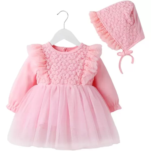 Toddler Baby Girl Long Sleeve Fall Dress Flower Lace Wedding First Birthday Baptism Christening Dresses with Hat OutfitPink Flower Lace