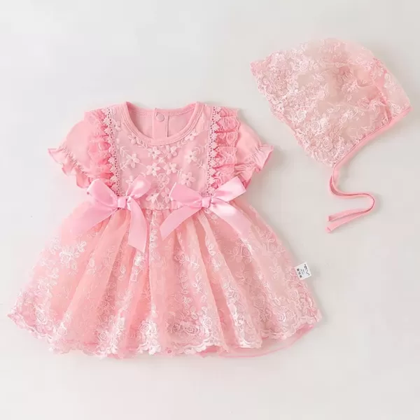 Toddler Baby Girl Long Sleeve Fall Dress Flower Lace Wedding First Birthday Baptism Christening Dresses with Hat OutfitPink Lace