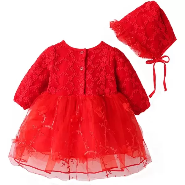 Toddler Baby Girl Long Sleeve Fall Dress Flower Lace Wedding First Birthday Baptism Christening Dresses with Hat OutfitRed