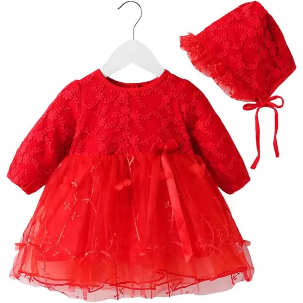 Toddler Baby Girl Long Sleeve Fall Dress Flower Lace Wedding First Birthday Baptism Christening Dresses with Hat OutfitRed