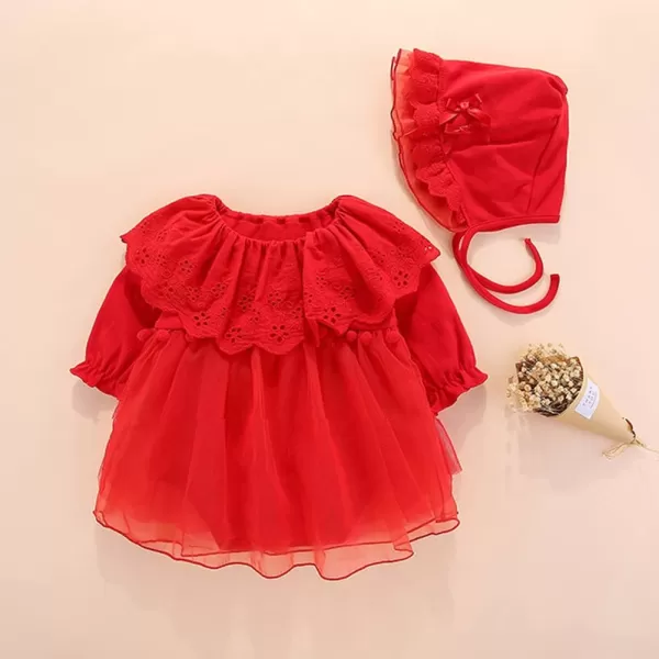 Toddler Baby Girl Long Sleeve Fall Dress Flower Lace Wedding First Birthday Baptism Christening Dresses with Hat OutfitRed Ruffle