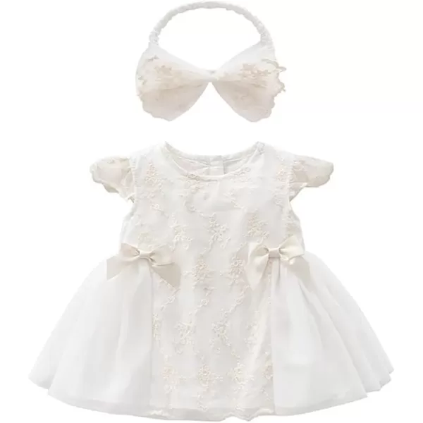 Toddler Baby Girl Long Sleeve Fall Dress Flower Lace Wedding First Birthday Baptism Christening Dresses with Hat OutfitWhite Bow