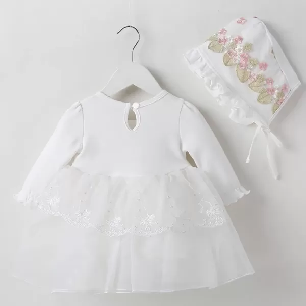 Toddler Baby Girl Long Sleeve Fall Dress Flower Lace Wedding First Birthday Baptism Christening Dresses with Hat OutfitWhite Flower