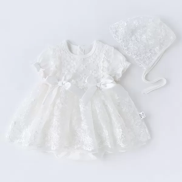 Toddler Baby Girl Long Sleeve Fall Dress Flower Lace Wedding First Birthday Baptism Christening Dresses with Hat OutfitWhite Lace