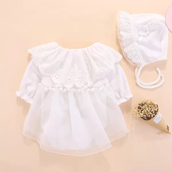 Toddler Baby Girl Long Sleeve Fall Dress Flower Lace Wedding First Birthday Baptism Christening Dresses with Hat OutfitWhite Ruffle