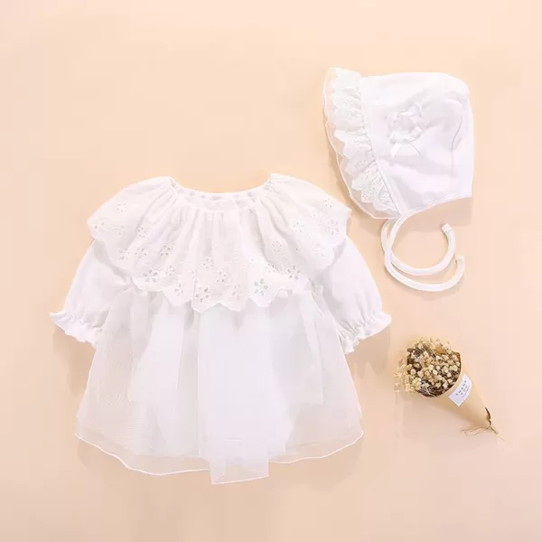 Toddler Baby Girl Long Sleeve Fall Dress Flower Lace Wedding First Birthday Baptism Christening Dresses with Hat OutfitWhite Ruffle