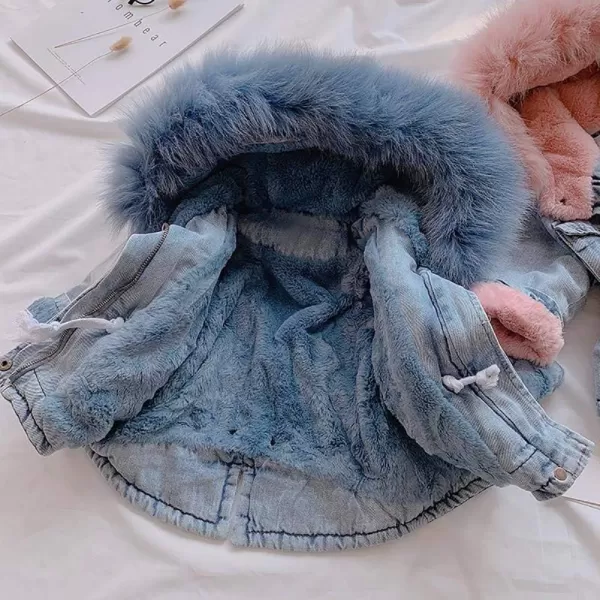 Toddler Girl Denim Fur Jacket Thicken Warm Fleece Lined Long Sleeve Hooded Jean Outwear Winter Coat for Girls Kids 17TBlue