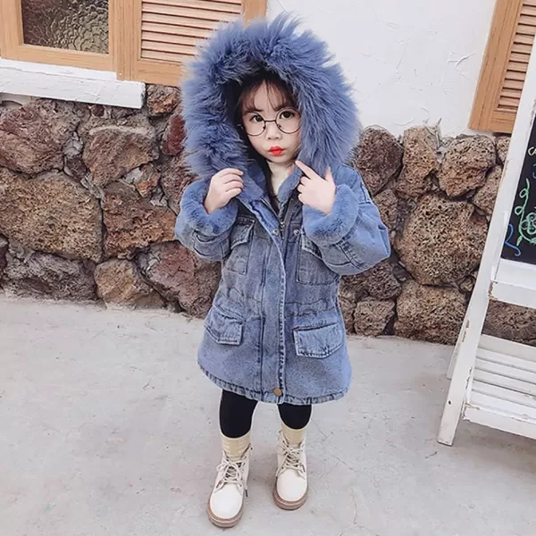 Toddler Girl Denim Fur Jacket Thicken Warm Fleece Lined Long Sleeve Hooded Jean Outwear Winter Coat for Girls Kids 17TBlue