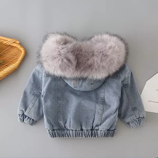 Toddler Girl Denim Fur Jacket Thicken Warm Fleece Lined Long Sleeve Hooded Jean Outwear Winter Coat for Girls Kids 17TGray