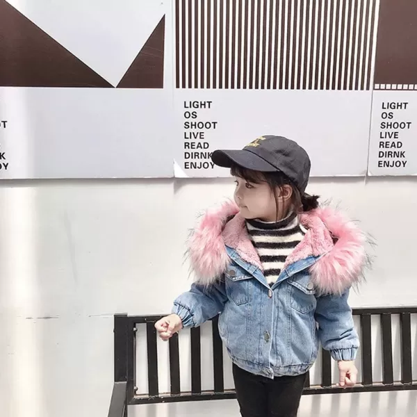 Toddler Girl Denim Fur Jacket Thicken Warm Fleece Lined Long Sleeve Hooded Jean Outwear Winter Coat for Girls Kids 17TPink 01