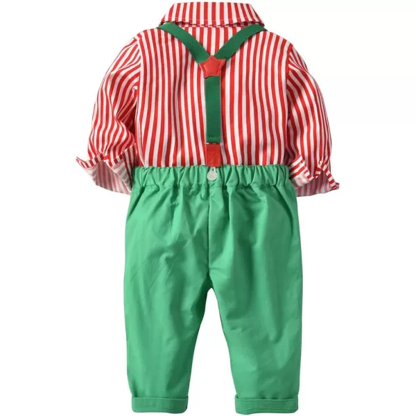 Toddler Kids Baby Boys 1st Christmas Outift Gentleman Striped Shirt with Bowtie  Long Suspender Pants Overalls ClothesRed Striped 01