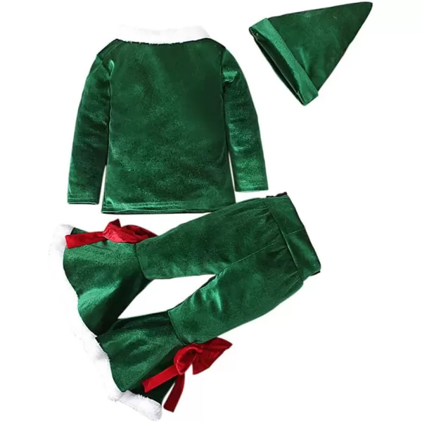 Toddler Kids Baby Girls Christmas Outfits Santa Claus Costume Velvet Long Sleeve Top Bell Bottom Pants Hat Xmas ClothesGreen  Hat