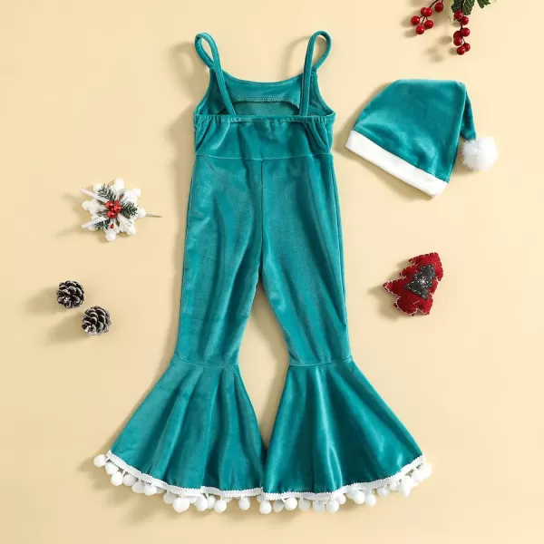 Toddler Kids Baby Girls Christmas Outfits Santa Claus Costume Velvet Long Sleeve Top Bell Bottom Pants Hat Xmas ClothesGreen Jumpsuit  Hat