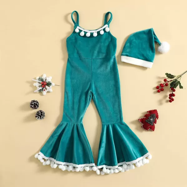 Toddler Kids Baby Girls Christmas Outfits Santa Claus Costume Velvet Long Sleeve Top Bell Bottom Pants Hat Xmas ClothesGreen Jumpsuit  Hat