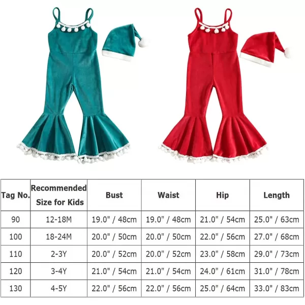 Toddler Kids Baby Girls Christmas Outfits Santa Claus Costume Velvet Long Sleeve Top Bell Bottom Pants Hat Xmas ClothesGreen Jumpsuit  Hat