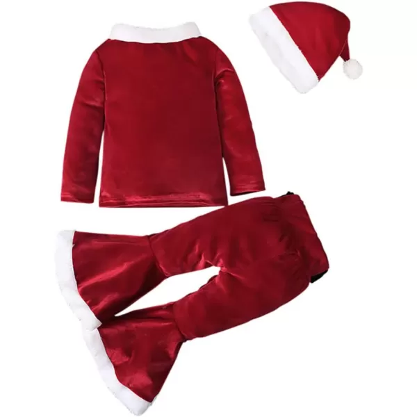 Toddler Kids Baby Girls Christmas Outfits Santa Claus Costume Velvet Long Sleeve Top Bell Bottom Pants Hat Xmas ClothesRed  Hat