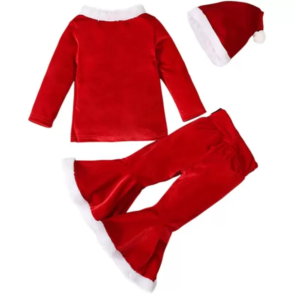 Toddler Kids Baby Girls Christmas Outfits Santa Claus Costume Velvet Long Sleeve Top Bell Bottom Pants Hat Xmas ClothesRed  Hat Letters