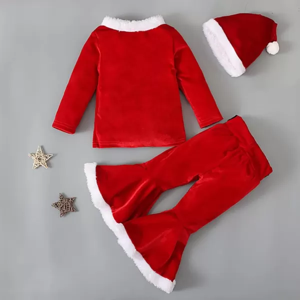 Toddler Kids Baby Girls Christmas Outfits Santa Claus Costume Velvet Long Sleeve Top Bell Bottom Pants Hat Xmas ClothesRed  Hat Letters