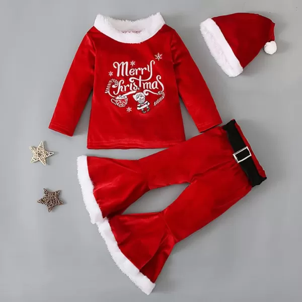 Toddler Kids Baby Girls Christmas Outfits Santa Claus Costume Velvet Long Sleeve Top Bell Bottom Pants Hat Xmas ClothesRed  Hat Letters