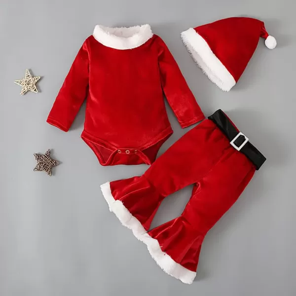 Toddler Kids Baby Girls Christmas Outfits Santa Claus Costume Velvet Long Sleeve Top Bell Bottom Pants Hat Xmas ClothesRed  Hat Romper Set