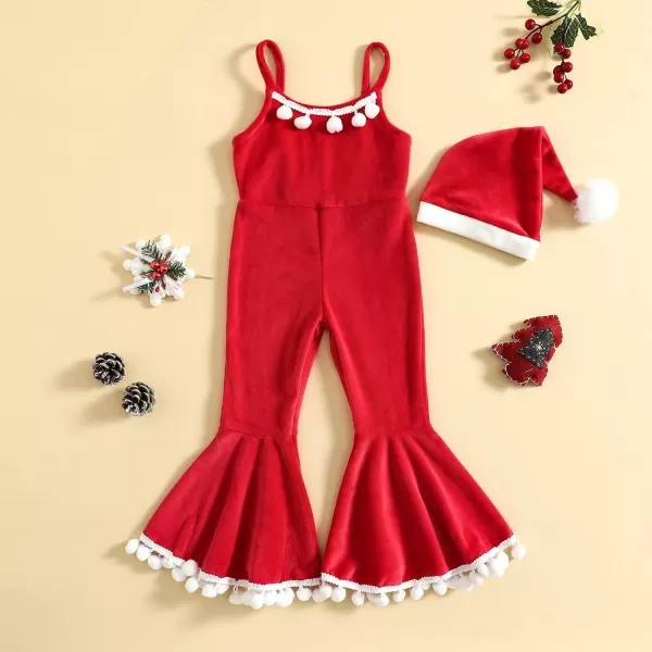 Toddler Kids Baby Girls Christmas Outfits Santa Claus Costume Velvet Long Sleeve Top Bell Bottom Pants Hat Xmas ClothesRed Jumpsuit  Hat