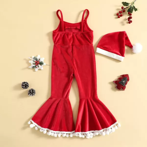 Toddler Kids Baby Girls Christmas Outfits Santa Claus Costume Velvet Long Sleeve Top Bell Bottom Pants Hat Xmas ClothesRed Jumpsuit  Hat