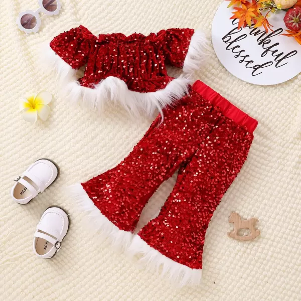 Toddler Kids Baby Girls Christmas Outfits Santa Claus Costume Velvet Long Sleeve Top Bell Bottom Pants Hat Xmas ClothesRed Sequin