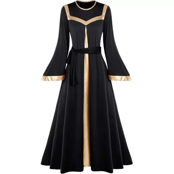 Women Gold Metallic Bell Long Sleeve Praise Dance Dress with Waistband Liturgical Dancewear Church Robe Worship CostumeBlack