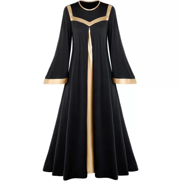 Women Gold Metallic Bell Long Sleeve Praise Dance Dress with Waistband Liturgical Dancewear Church Robe Worship CostumeBlack