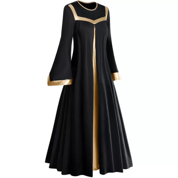 Women Gold Metallic Bell Long Sleeve Praise Dance Dress with Waistband Liturgical Dancewear Church Robe Worship CostumeBlack