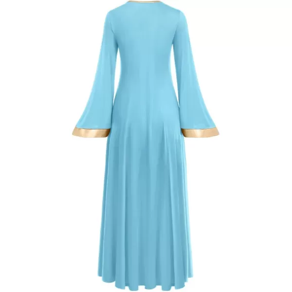 Women Gold Metallic Bell Long Sleeve Praise Dance Dress with Waistband Liturgical Dancewear Church Robe Worship CostumeBlue