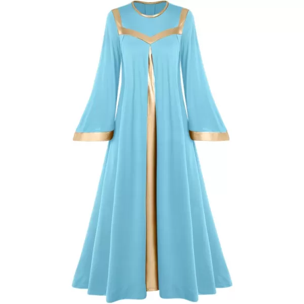 Women Gold Metallic Bell Long Sleeve Praise Dance Dress with Waistband Liturgical Dancewear Church Robe Worship CostumeBlue