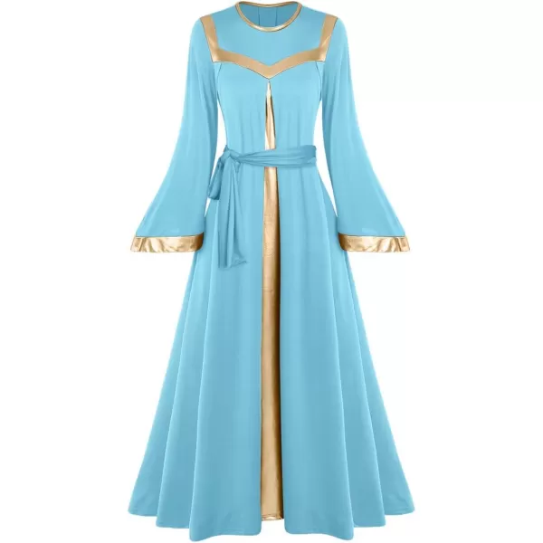 Women Gold Metallic Bell Long Sleeve Praise Dance Dress with Waistband Liturgical Dancewear Church Robe Worship CostumeBlue