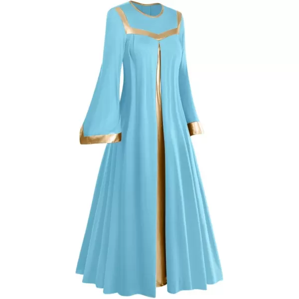 Women Gold Metallic Bell Long Sleeve Praise Dance Dress with Waistband Liturgical Dancewear Church Robe Worship CostumeBlue