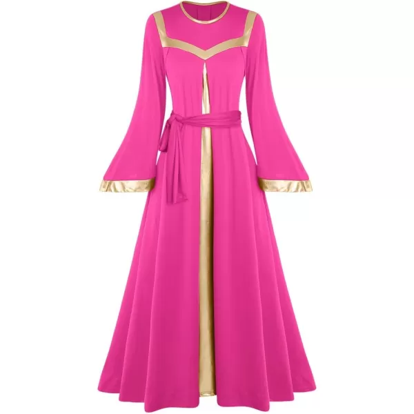 Women Gold Metallic Bell Long Sleeve Praise Dance Dress with Waistband Liturgical Dancewear Church Robe Worship CostumeHot Pink