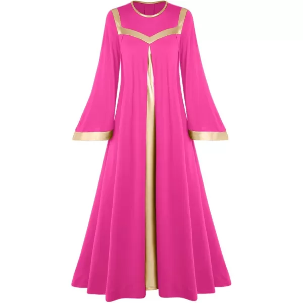 Women Gold Metallic Bell Long Sleeve Praise Dance Dress with Waistband Liturgical Dancewear Church Robe Worship CostumeHot Pink