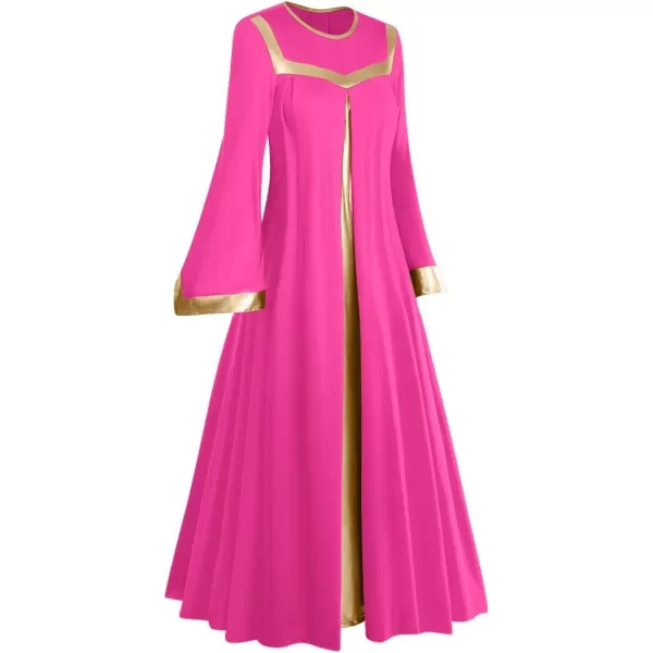 Women Gold Metallic Bell Long Sleeve Praise Dance Dress with Waistband Liturgical Dancewear Church Robe Worship CostumeHot Pink