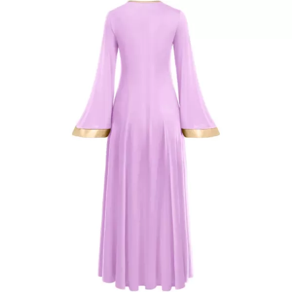 Women Gold Metallic Bell Long Sleeve Praise Dance Dress with Waistband Liturgical Dancewear Church Robe Worship CostumeLight Purple