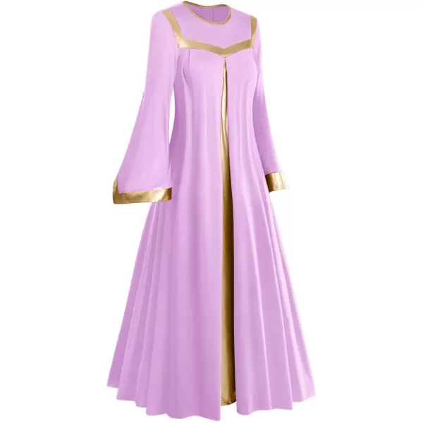 Women Gold Metallic Bell Long Sleeve Praise Dance Dress with Waistband Liturgical Dancewear Church Robe Worship CostumeLight Purple